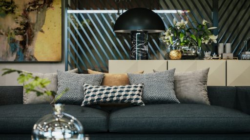 black and white throw pillows on black couch