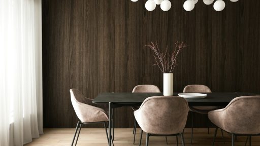 a room with a table chairs and a plant with lights