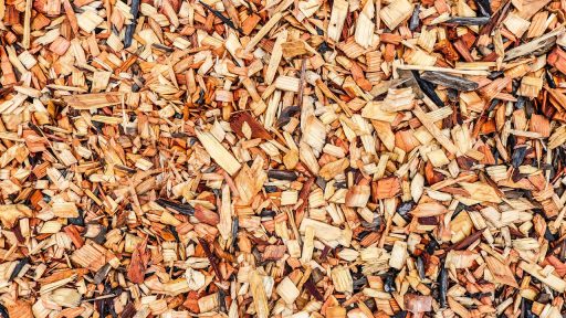 Laag houtsnippers als mulch rond planten in een sierborder